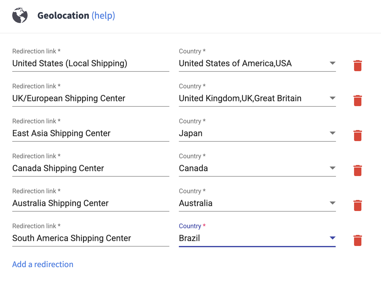 Geolocation routing table sending buyers in six regions to different shipping centres